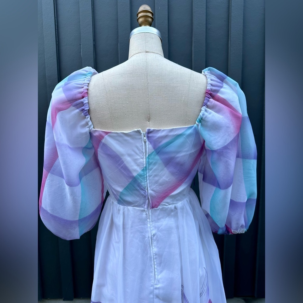 Vintage 1970s 1980s Watercolor Puff Sleeve Dress- size S - Picture 5 of 8
